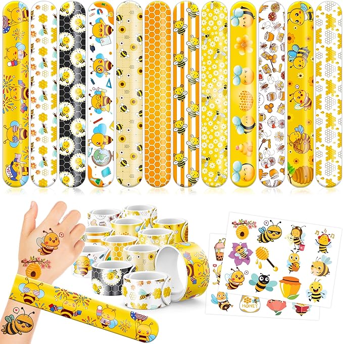 48PCS Bee Party Favors - 24PCS Tattoos & 24PCS Slap Bracelets - Honey Bee Birthday Supplies, Baby Shower Decorations, Classroom Prizes, Gifts for Girls & Kids