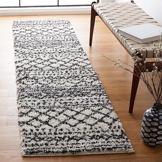 SAFAVIEH Arizona Shag Collection Runner Rug - 2'3" x 12', Ivory & Black, Moroccan Design, Non-Shedding & Easy Care, 1.6-inch Thick Ideal for High Traffic Areas in Living Room, Bedroom (ASG741Z)
