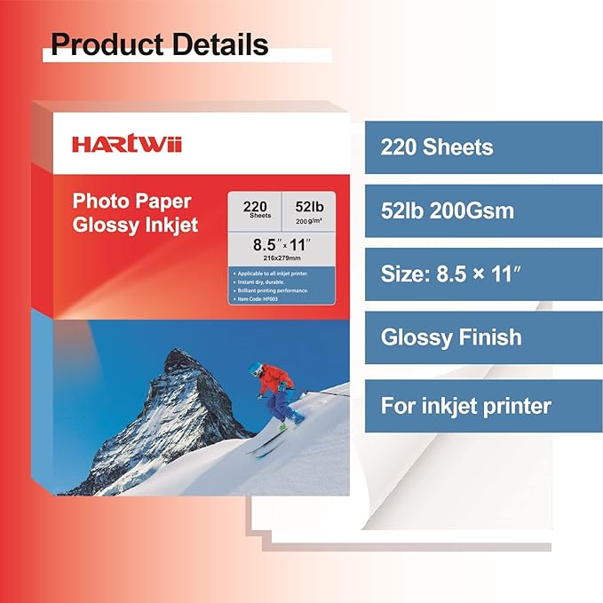 220 Pack Photo Paper Glossy Inkjet 8.5x11 inches 52lb 200Gsm Letter Size for Dye Ink Printers