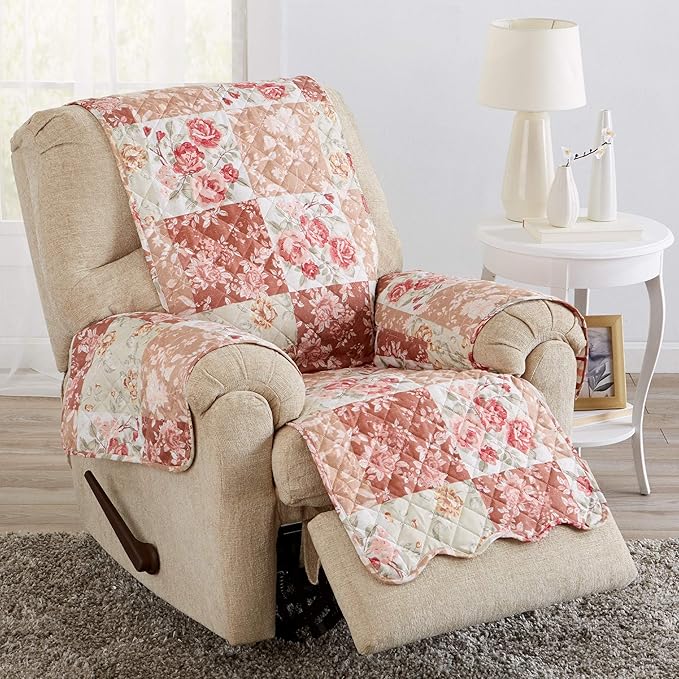 Great Bay Home Reversible Floral Patchwork Furniture Protector Scalloped Edge Stain Resistant Printed Furniture Protector Maribel Collection (Recliner, Burgundy/Taupe)