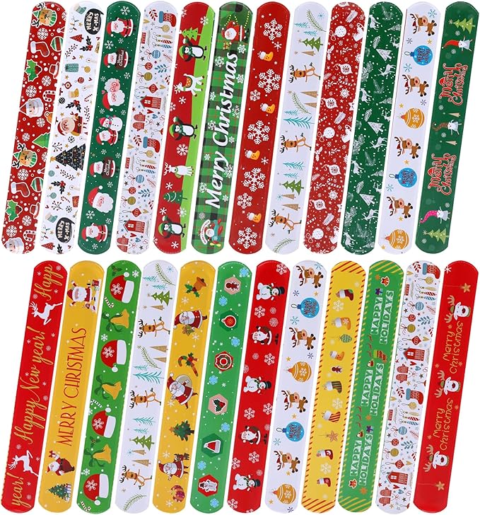 96PCS Christmas Slap Bracelets, Xmas Party Favor Decoration 24 Styles Santa Claus Reindeer Snowflake Snowman