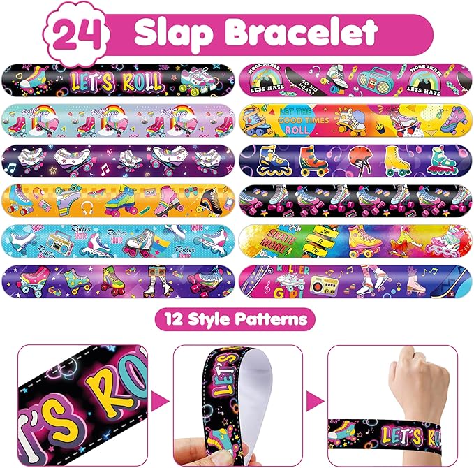 48PCS Roller Skate Party Favors - 24PCS Tattoos & 24PCS Slap Bracelets - Retro 60s & 80s Birthday Supplies, Decorations, Gifts, Classroom Prizes for Boys & Girls