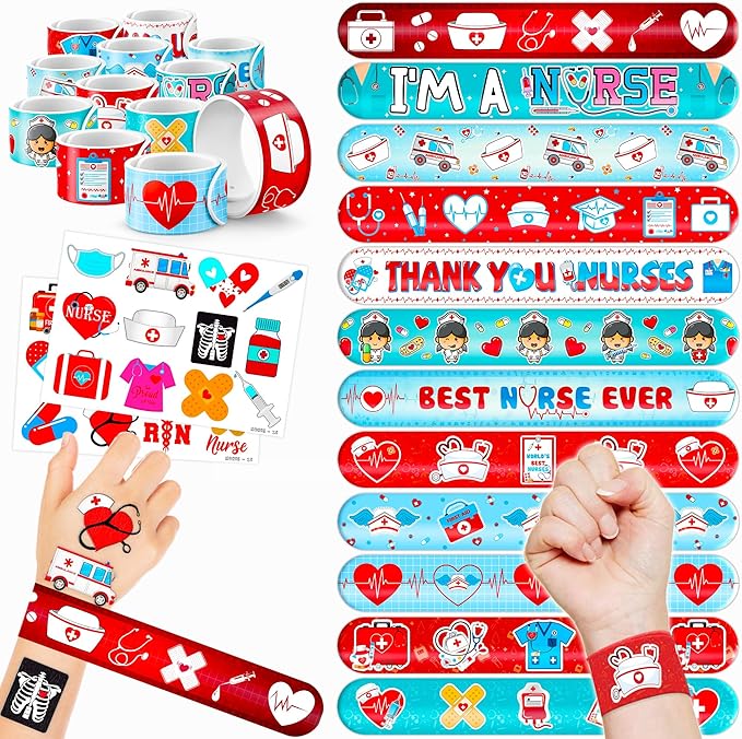 48 PCS Nurse Party Favors 24PCS Tattoos Sticker 24PCS Slap Bracelets Wristbands Perfect for Themed Birthday Party Favors Baby Showers or Classroom Rewards Ideal Decor and Gifts for Girls and Boys