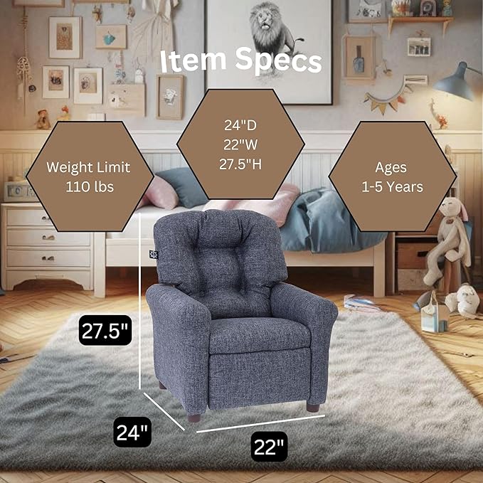 The Crew Furniture Traditional Kids Recliner, Toddler Ages 1-5 Years, Home Décor Polyester Linen, Gray