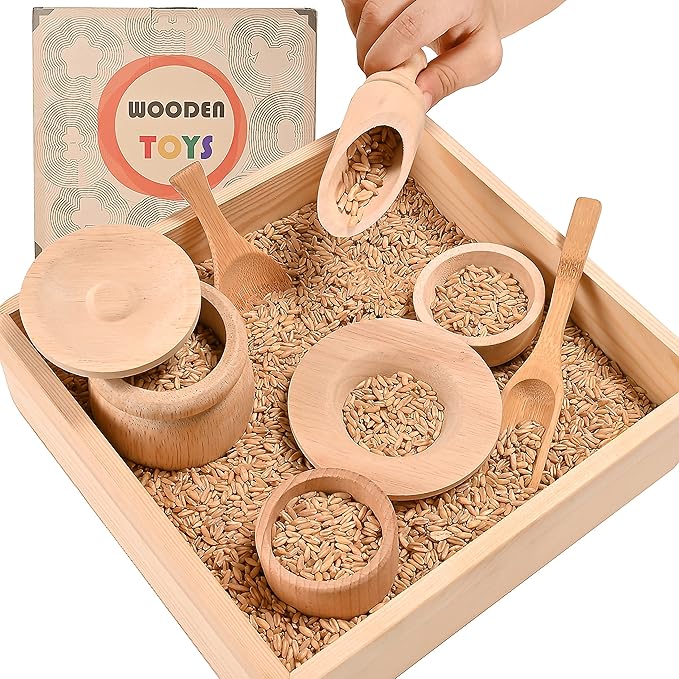 Sparkle Race Sensory Bin Tools with Wooden Box Tray Montessori Toys for Toddlers, Waldorf Toys, Wooden Scoop Dish and Tongs for Kids, Montessori Kitchen for Sensory Table Fine Motor Learning Skills