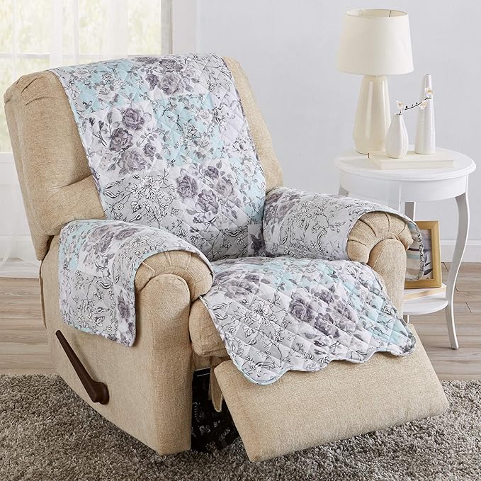 Reversible Floral Patchwork Furniture Protector Scalloped Edge Stain Resistant Printed Furniture Protector Maribel Collection (Recliner, Gray/Aqua)