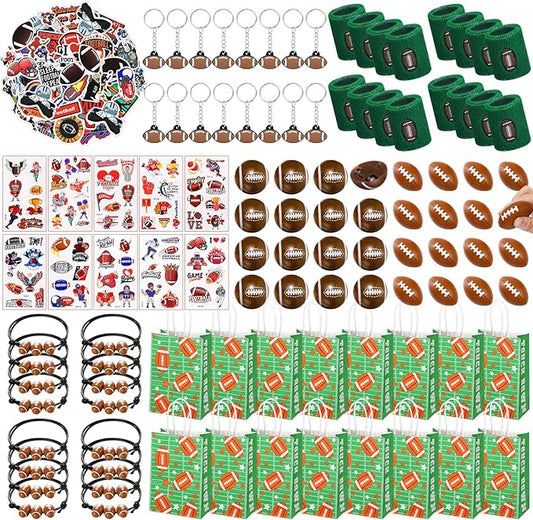 Aoriher 162 Pcs Football Party Favors, Football Party Gift Goodie Bag Fillers Foam Footballs Tattoo Stickers Keychains Stickers Charm Bracelets Sport Wristband Pull Back Cars for Party Supplies