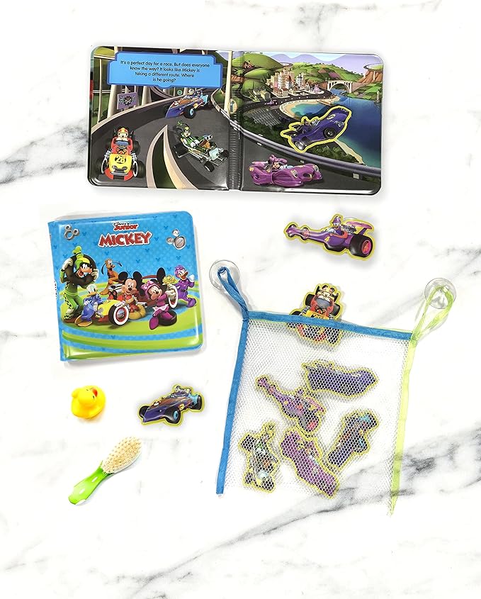 Disney Mickey Bath Time Books - Activity Books for kids, Bath book, 6 Padded suction cups, 1 Mesh bag