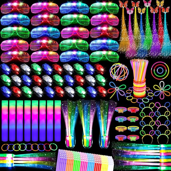 298PCS Glow in the Dark Party Supplies, 12PCS Glow Fiber Optic Wands, 20PCS LED Glasses, 8PCS Foam Glow Sticks and 200PCS Glow Sticks Bracelets, Light Up Party Favors for Wedding, Concert, Birthday