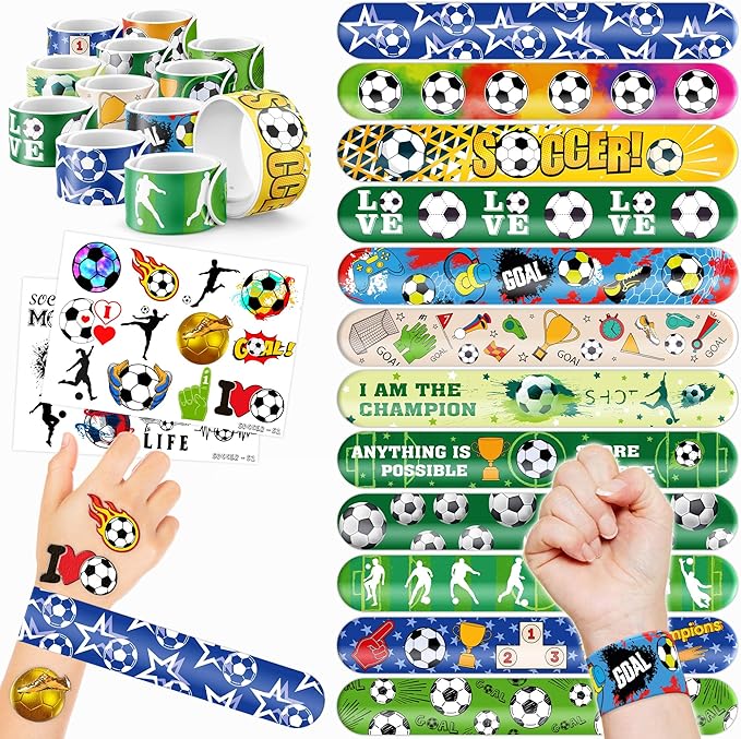 48PCS Soccer Party Favors - 24PCS Tattoos & 24PCS Slap Bracelets - Football-Themed Birthday Supplies, World Cup Decorations, Classroom Prizes, Gifts for Boys & Girls