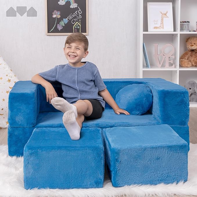 Kids Modular Sofa Blueberry Fur with Round Pillow, Kids Sofa for Toddler and Baby Playroom/Bedroom Furniture with Bonus Pillow