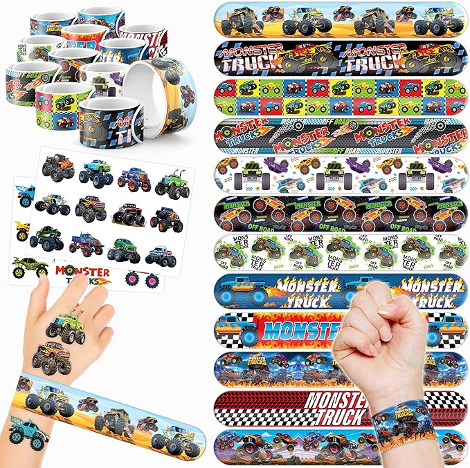 48PCS Monster Truck Party Favors - 24 Tattoos & 24 Slap Bracelets, Perfect for Big Car-Themed Birthdays, School Rewards, and Classroom Prizes for Boys & Girls