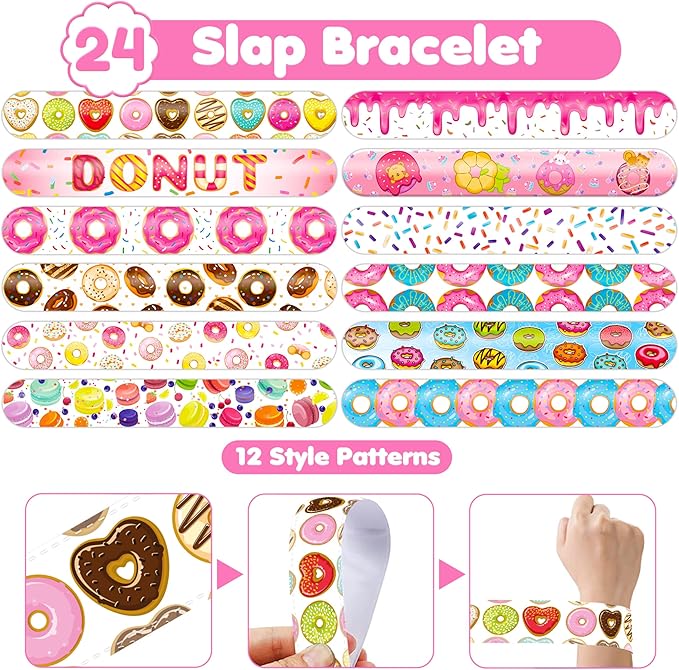 48PCS Donut Party Favors - 24PCS Tattoos & 24PCS Slap Bracelets - Birthday Supplies, Decorations, Gifts, Classroom Prizes, Carnival Rewards, Christmas Treats for Boys & Girls