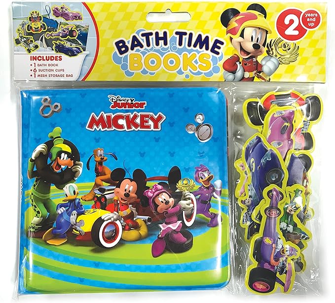 Disney Mickey Bath Time Books - Activity Books for kids, Bath book, 6 Padded suction cups, 1 Mesh bag
