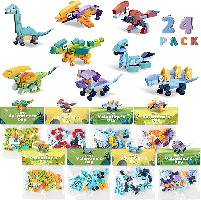 24 Pack Prefilled Dinosaur Valentines Building Blocks Set for Kids, Classroom & School Exchange Gifts with Valentine's Day Cards, Ideal Party Toy for Boys & Girls