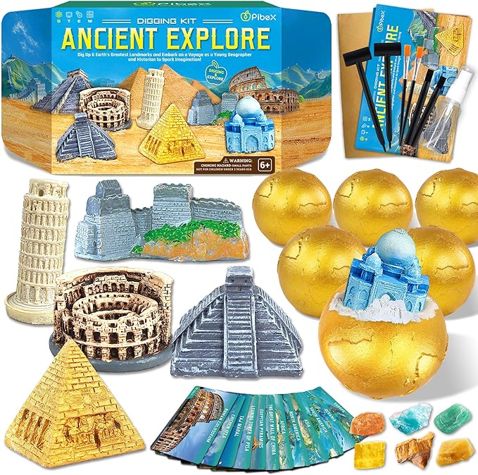 Ancient Wonders Dig Kit, Excavate 6 Famous Landmarks Figurines & 6 Rocks, with History Learning Cards, Wonders of The World Toy Archaeology Set, STEM Party Favor Gifts for Boys & Girls Age 6+