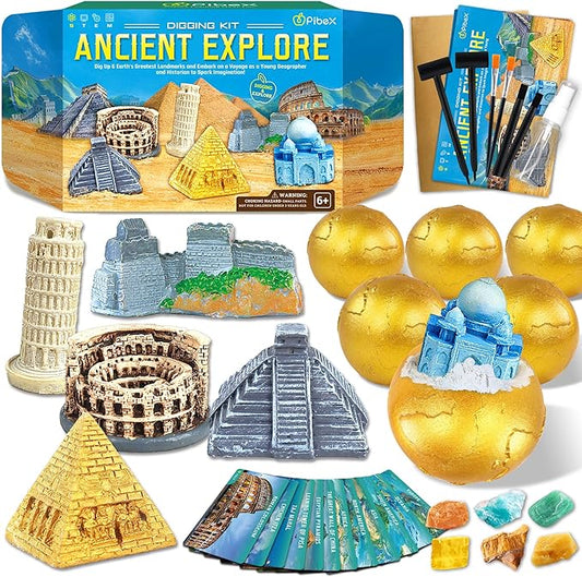Ancient Wonders Dig Kit, Excavate 6 Famous Landmarks Figurines & 6 Rocks, with History Learning Cards, Wonders of The World Toy Archaeology Set, STEM Party Favor Gifts for Boys & Girls Age 6+