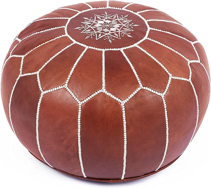 Marrakesh Gallery Genuine Leather Round Pouf Unstuffed - Moroccan Ottoman Footstool, Footrest Cover - Boho Decor - Bohemian Living Room, Bedroom, Kids Room, Gift & Wedding