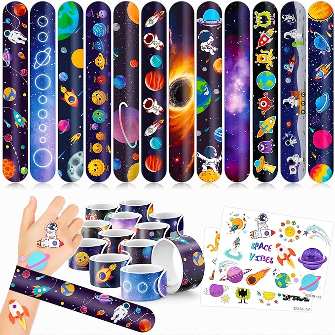 48PCS Space Party Favors - 24PCS Tattoos & 24PCS Slap Bracelets - Astronaut & UFO Birthday Supplies, Classroom Prizes, Party Gifts for Kids & Boys