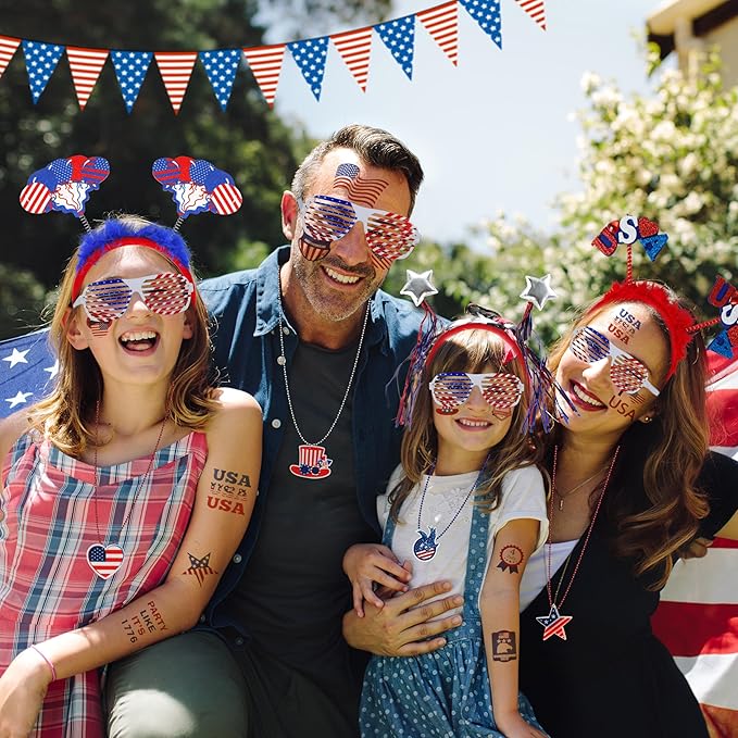 4th of July Patriotic Accessories for kids Including Glasses Necklaces Headbands Bracelets Tattoos for Fourth of July Party Decorations, Independence Day, Memorial Day