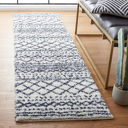 SAFAVIEH Arizona Shag Collection Runner Rug - 2'3" x 6' Runner, Ivory & Slate, Moroccan Design, Non-Shedding, 1.6-inch Thick, Ideal for High Traffic Areas in Living Room, Bedroom (ASG741M-26)