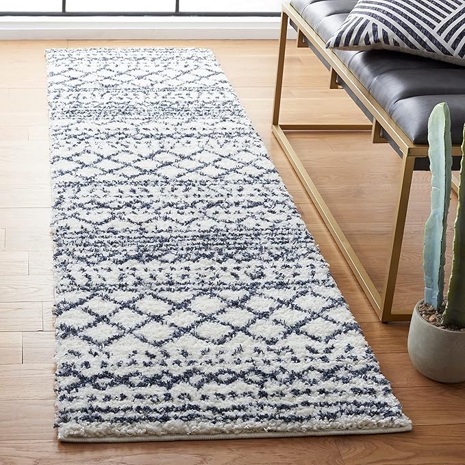 SAFAVIEH Arizona Shag Collection Runner Rug - 2'3" x 8', Ivory & Slate, Moroccan Design, Non-Shedding & Easy Care, 1.6-inch Thick Ideal for High Traffic Areas in Living Room, Bedroom (ASG741M)