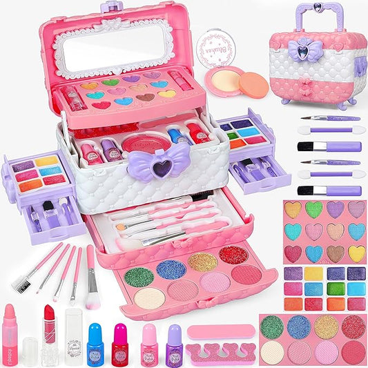 54 Pcs Kids Makeup Kit for Girls, Princess Real Washable Pretend Play Cosmetic Set Toys with Mirror, Non-Toxic & Safe, Birthday Gifts for 3 4 5 6 7 8 9 10+Years Old Girls Kids (Pink White)