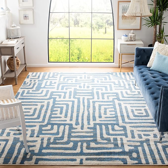 SAFAVIEH Amsterdam Collection Area Rug - 9' x 12', Ivory & Light Blue, Modern Abstract Design, Non-Shedding & Easy Care, Ideal for High Traffic Areas in Living Room, Bedroom (AMS106C)
