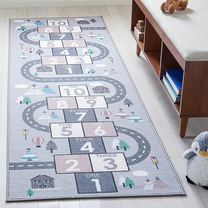 SAFAVIEH Kids Playhouse Collection Runner Rug - 2'2" x 6', Grey & Pink, Hopscotch, Non-Shedding & Easy Care, Machine Washable Ideal for High Traffic Areas in Playroom, Nursery, Bedroom (KPH226A)