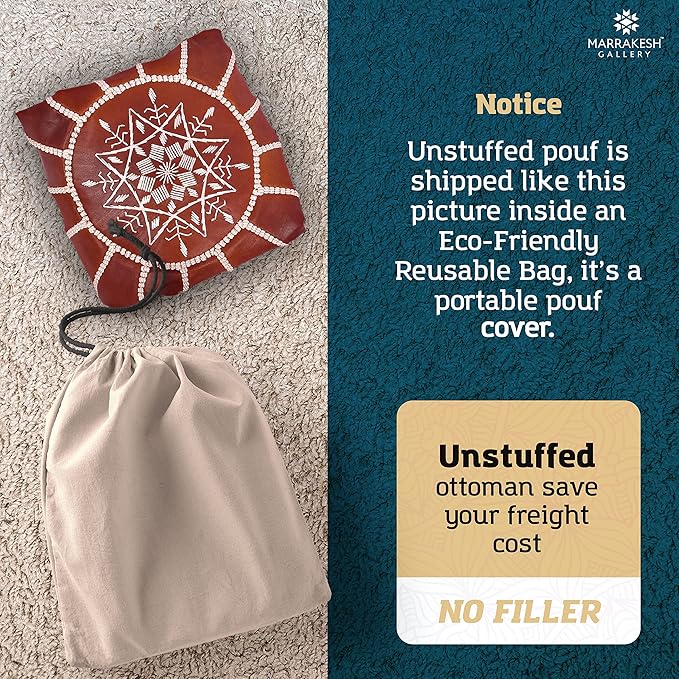 Genuine Leather Round Pouf Cover - Handmade Moroccan Ottoman Footstool, Unstuffed Footrest Under Desk - Boho Decor - Bohemian Living Room, Bedroom, Kids Room - Housewarming Gift & Wedding