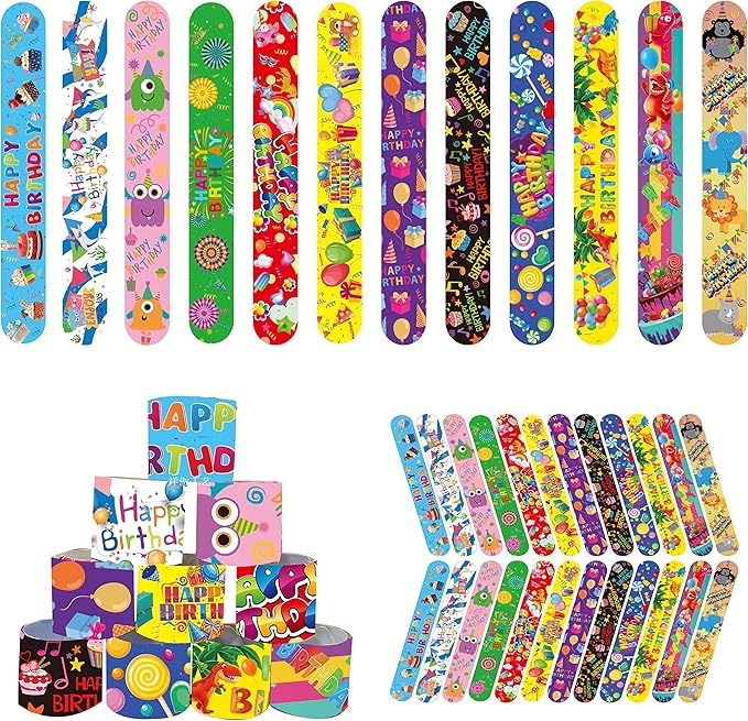 48 Pcs Happy Birthday Slap Bracelets for Kids Birthday Party Slap Bracelets Bulk Snap Bracelet Party Favors Supplies for kids&teens Gifts Teacher Classroom School Favors Prizes Exchanging Gifts