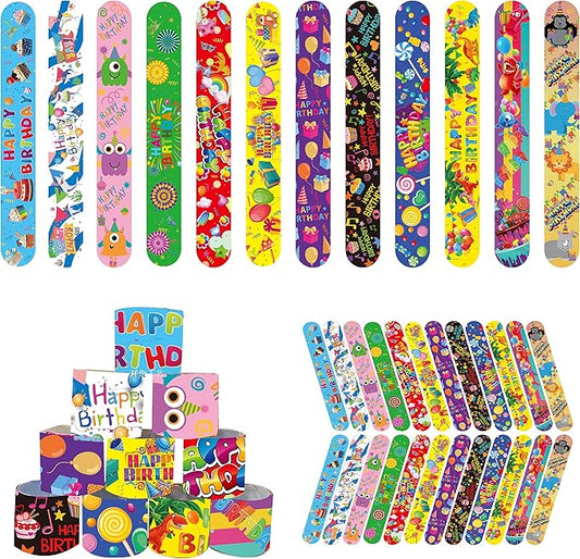 48 Pcs Happy Birthday Slap Bracelets for Kids Birthday Party Slap Bracelets Bulk Snap Bracelet Party Favors Supplies for kids&teens Gifts Teacher Classroom School Favors Prizes Exchanging Gifts
