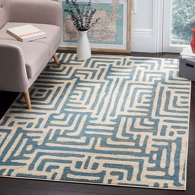 SAFAVIEH Amsterdam Collection Area Rug - 6'7" x 9'2", Ivory & Light Blue, Modern Abstract Design, Non-Shedding & Easy Care, Ideal for High Traffic Areas in Living Room, Bedroom (AMS106C)