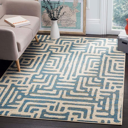SAFAVIEH Amsterdam Collection Area Rug - 6'7" x 9'2", Ivory & Light Blue, Modern Abstract Design, Non-Shedding & Easy Care, Ideal for High Traffic Areas in Living Room, Bedroom (AMS106C)